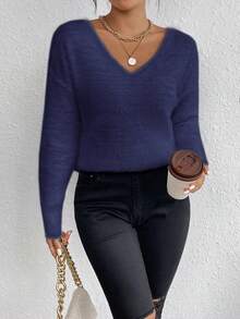 EMERY ROSE 白色V领休闲柔软针织毛衣，长袖套头衫，秋冬 - 藏蓝色 - 查看 6