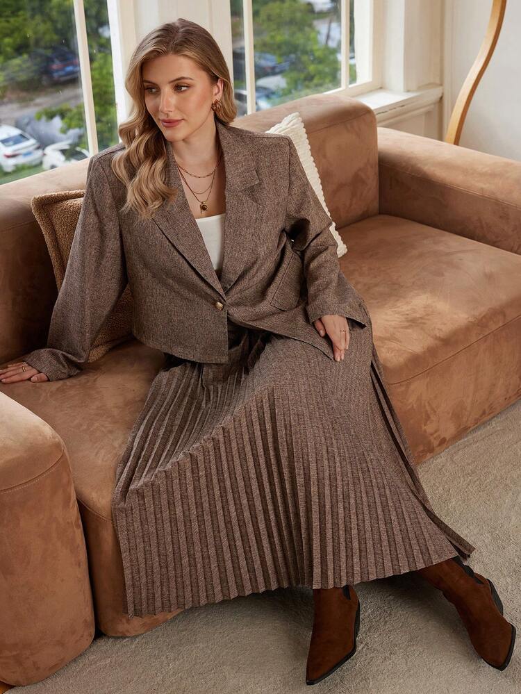 Plus Size Women Lapel NeckLong Sleeve Jacket And Pleated  Brown Skirt Suit, Collegiate Style Brown Two Piece Set Women Pleated Skirt Set Elegant Dress Women  Stylish Clothing Collection Elegant Party Clothes For New Year Christmas Clothes For Women  Winter Clothes For Women