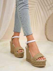 Sandalias de plataforma para mujer estilo vacacional tejido de yute artesanal sin estampado corte holgado punta redonda sin mangas primavera verano playa fiesta - Blanco - Ver 3