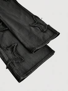 SHEIN MOD MOD 女士甜美版直筒牛仔裤，粉色棉质，情人节服装，情人节裤子，情人节宽松牛仔裤 - 黑色 - 查看 5