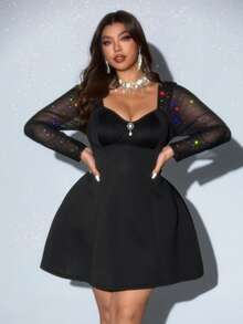 Viva Relle Square Neck Black Long Waist Cinching Fitted Dress, A-Line Sleeve Embroidered Patchwork, Elegant Plus Size Slimming Dress