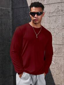 Manfinity Homme 男士纯色圆领休闲套头长袖 T 恤 - 酒紅色 - 查看 5