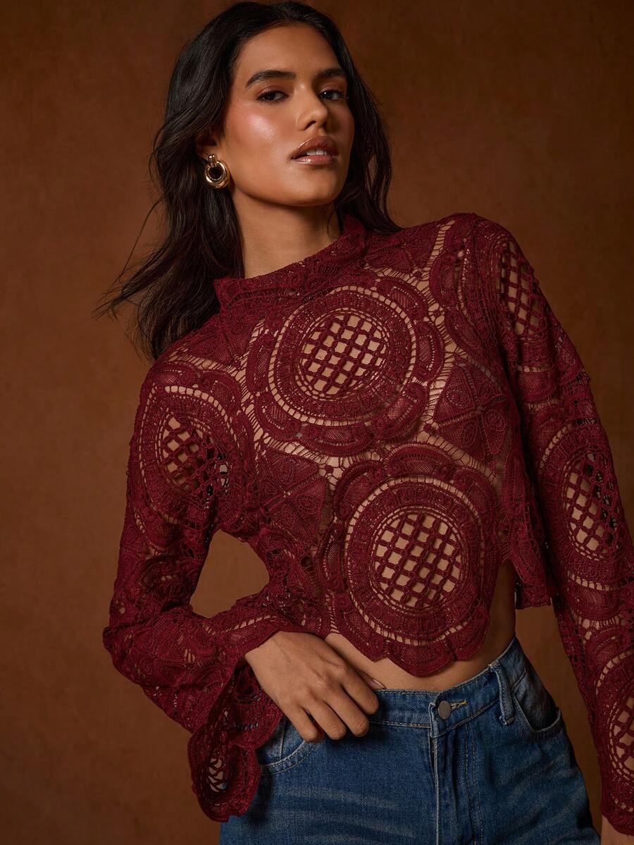 Glamine Women's Solid Color Stand Collar Knit Hollow Out Long Sleeve Cropped Sheer Shirt With Embroidered Trim - Rose Red - View 1