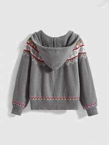 ROMWE Kawaii Christmas Fair Isle Pattern Jacquard Plus Size Sweater Cardigan With Puff Sleeves - Grey - View 2