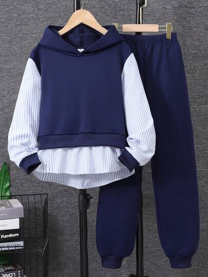SHEIN 女童休闲条纹拼接连帽运动衫配抽绳裤套装，适合日常穿着