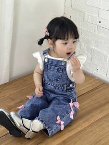 SHEIN 女婴时尚无袖休闲牛仔连体裤 - 中等水洗藍 - 查看 4