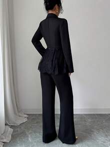 SHEIN Elenzya 优雅浪漫精致女士西装套装，纯色面料拼接蕾丝面料，收腰小A字外套配直筒裤，秋冬办公室通勤商务休闲装 - 黑色 - 查看 2