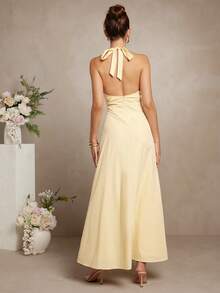 L'Amorae 优雅的奶油黄色低领露背长裙，带口袋 - 黃色 - 查看 3