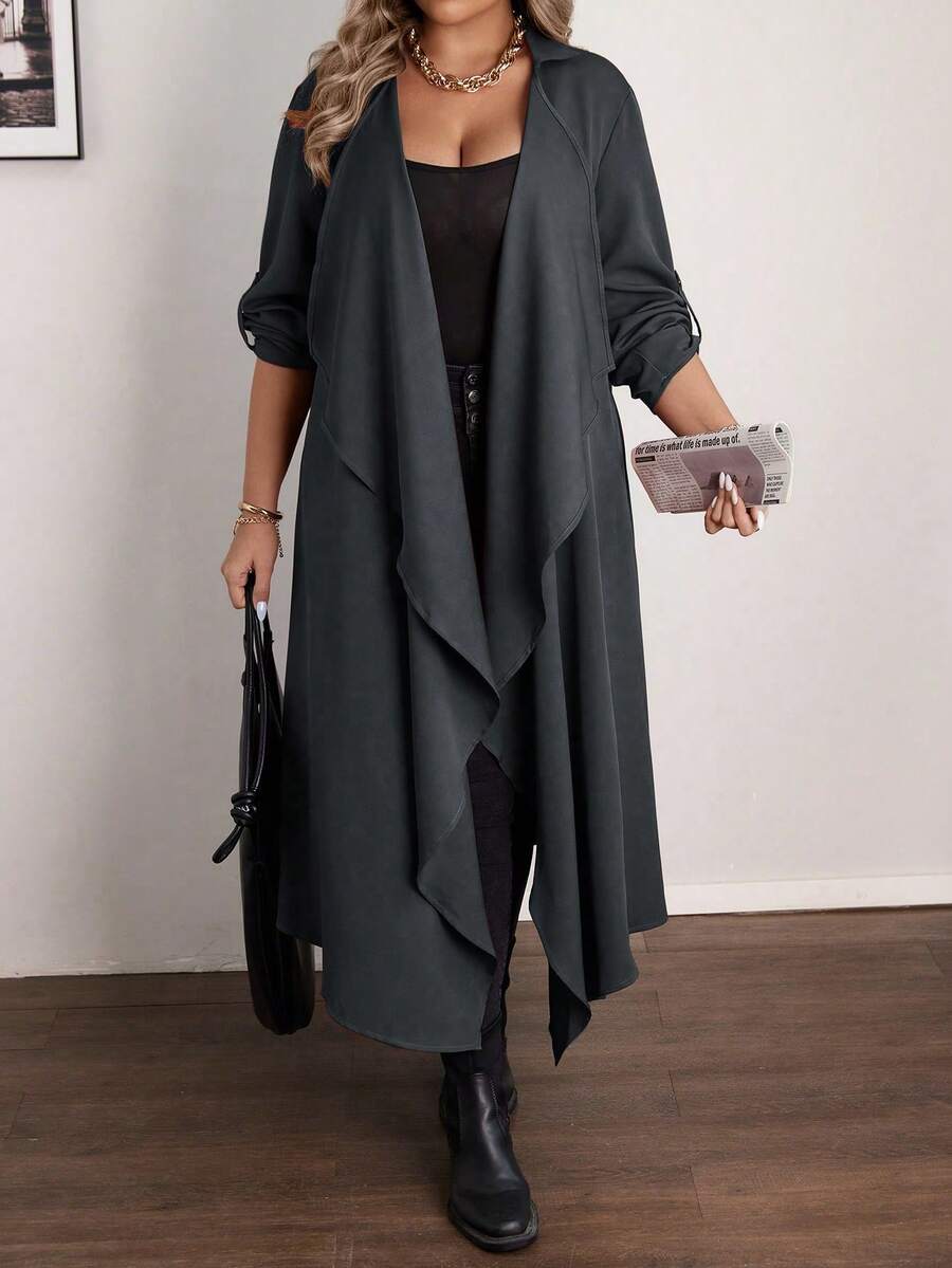 Vionelle Lässige Wasserfallkragen-Langjacke in Übergröße, Herbstkleidung für Damen, lange Strickjacke, lange Strickjacken, elegantes Damenkleid, schwarzes elegantes Kleid, elegantes Kleid mit langen Ärmeln, asymmetrisches Kleid für Damen, asymmetrisches Kleid in Übergröße - Dunkelgrau - Übersicht 1