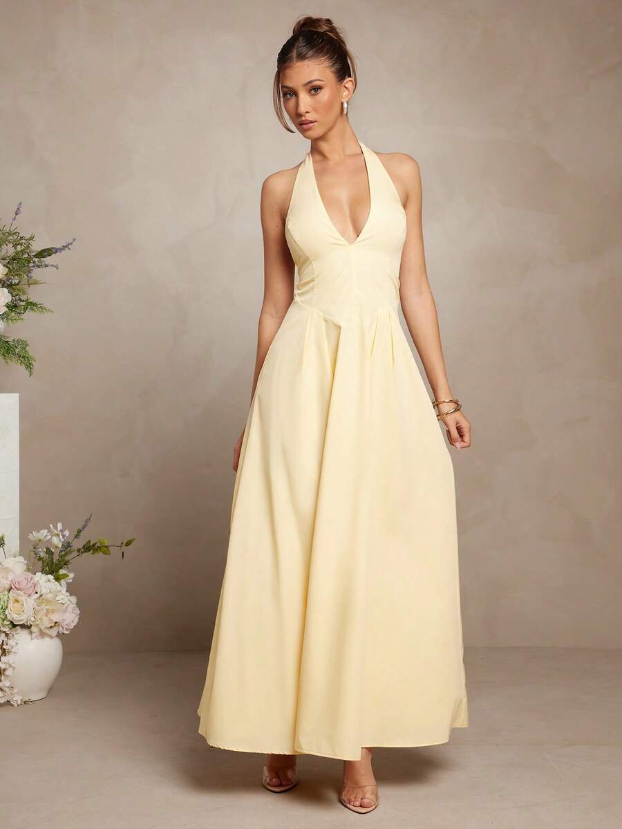 L'Amorae Váy maxi cổ trễ thanh lịch màu vàng bơ có túi - Màu vàng - Xem 1