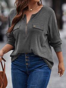 EMERY ROSE Plus Size Solid Color Dropped Shoulder Casual Loose Half-Zip Round Neck Fashion T-Shirt - Dark Grey - View 6
