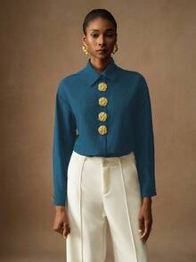 Vesra Women Blouses Button Shirt - Teal Blue - View 3