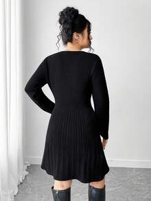 Elenzga 大码女式纯色常规肩部修身罗纹针织长袖毛衣裙 - 黑色 - 查看 2