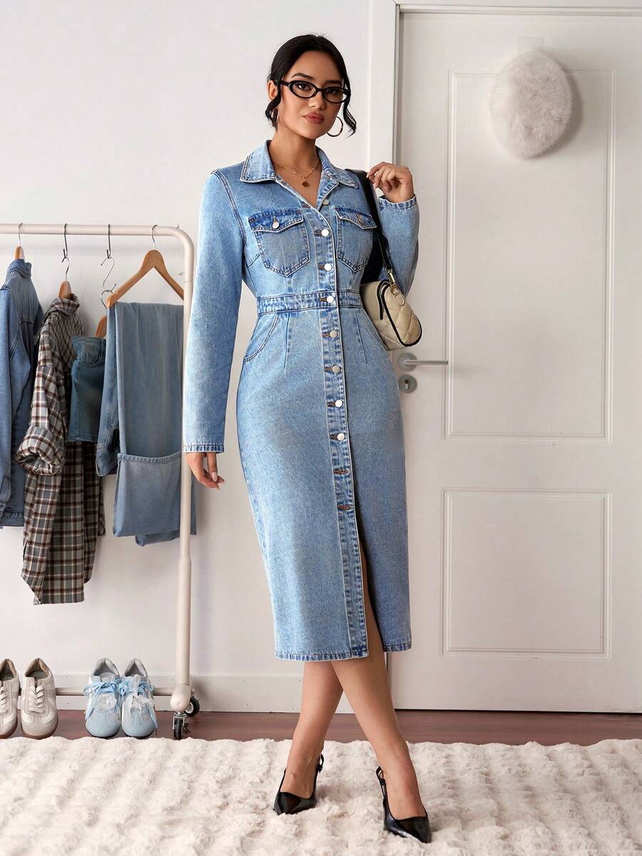 SHEIN Tall Women's Casual Washed Front Button Long Sleeve Denim Dress, Autumn - Blue - View 1