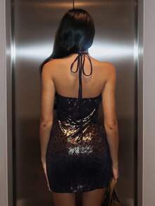 SHEIN Glamour 海军蓝性感豹纹派对连衣裙 - 藍色 - 查看 6