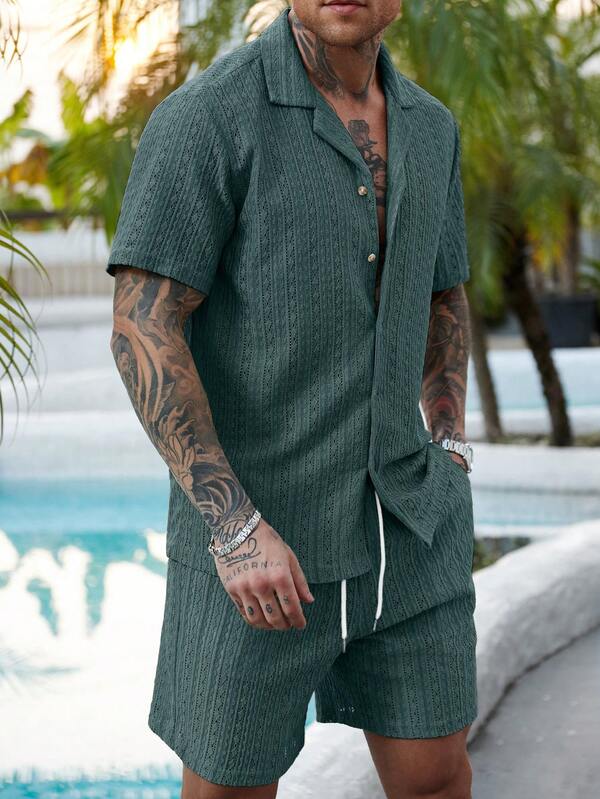 Manfinity RSRT 2 Pcs/Set Men's Solid Color Button-Down Hollow Shirt And Shorts Set, Vacation Solid Color Husband Casual Wear, Suitable For Vacation, Seaside Beach, Daily Leisure,Summer Wear Casual Two Piece Set Men Men Resort Wear Men Bahama Outfit Men Two Piece Set Summer Linen Two Piece Set Men