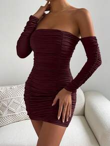 Chiquease Burgundy,Autumn,Bandage,Night Out Rosso Ancora Off The Shoulder Ruched Long Sleeve Mini Dress,Women Birthday Outfits,Concert Rave Festival Prom Party - Redwood - View 4