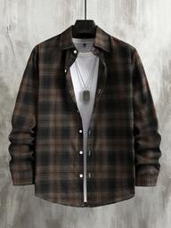 Manfinity Homme חולצת גברים אופנתית קז'ואל משובצת עם שרוולים ארוכים, הדפס מכופתר, חום, חולצת גברים מכופתרת, גראנג', אופנת רחוב, חולצות גברים, חולצות שכבות, ז'קט משובץ, כסף ישן, פנאי יומיומי, טיולי סוף שבוע, פעילויות חוץ, מסעות טיולים, סביבות עבודה רגועות או אירועים חצי רשמיים, מתנת חבר/בעל, מתנת יום נישואין, חג המולד