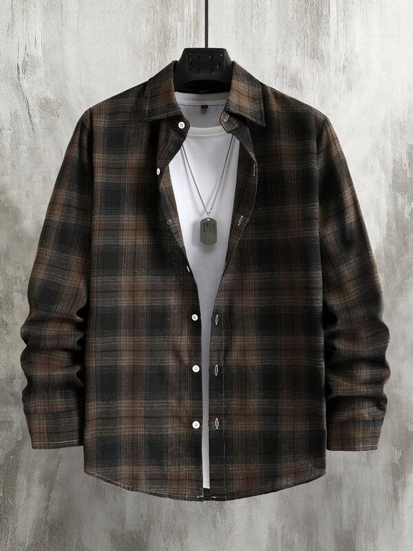 Manfinity Homme Men's Fashionable Casual Plaid Print Button-Down Long Sleeve Shirt Brown Button Up Men Shirt Grunge Streetwear Men Shirt Layered Shirts Plaid Jacket Men Old Money,Daily Leisure, Weekend Trips, Outdoor Activities, Travel Expeditions, Relaxed Work Environments Or Semi-Formal Occasions,Boyfriend/Husband Gift, Anniversary Gift,Christmas Mens Shirt Grunge Mens Layered Shirts