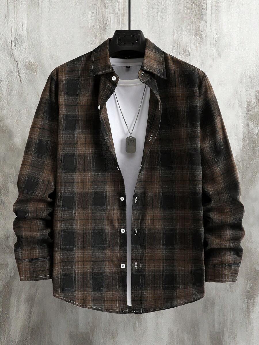 Manfinity Homme 男士时尚休闲格纹印花长袖衬衫，棕色纽扣男士衬衫，复古街头风男士衬衫，可叠穿，格纹外套，适合日常休闲、周末旅行、户外活动、探险旅行、轻松的工作环境或半正式场合，也是送给男友/丈夫、周年纪念日或圣诞节的理想礼物。