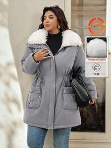 Vionelle Roveilla 加大码长袖连帽大口袋抽绳腰部纯色翻领仿皮草衬里休闲基本款夹克冬/秋 - 灰色 - 查看 3