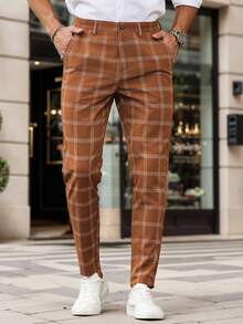 Manfinity Homme 男士格子直筒休闲裤，带口袋 - 珊瑚橙 - 查看 3