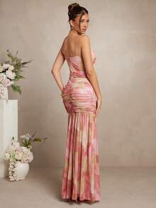 Váy Maxi Dài Đi Nghỉ Dài Tay Họa Tiết Pastel Thanh Lịch Không Tay Lưới Xoắn Phía Trước Xếp Ly Của L'Amorae - Hồng - Xem 2