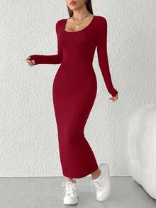 SHEIN PETITE Đầm dài tay thời trang ôm sát cổ chữ U màu trơn dành cho nữ - Màu Đỏ Sâu - Xem 7