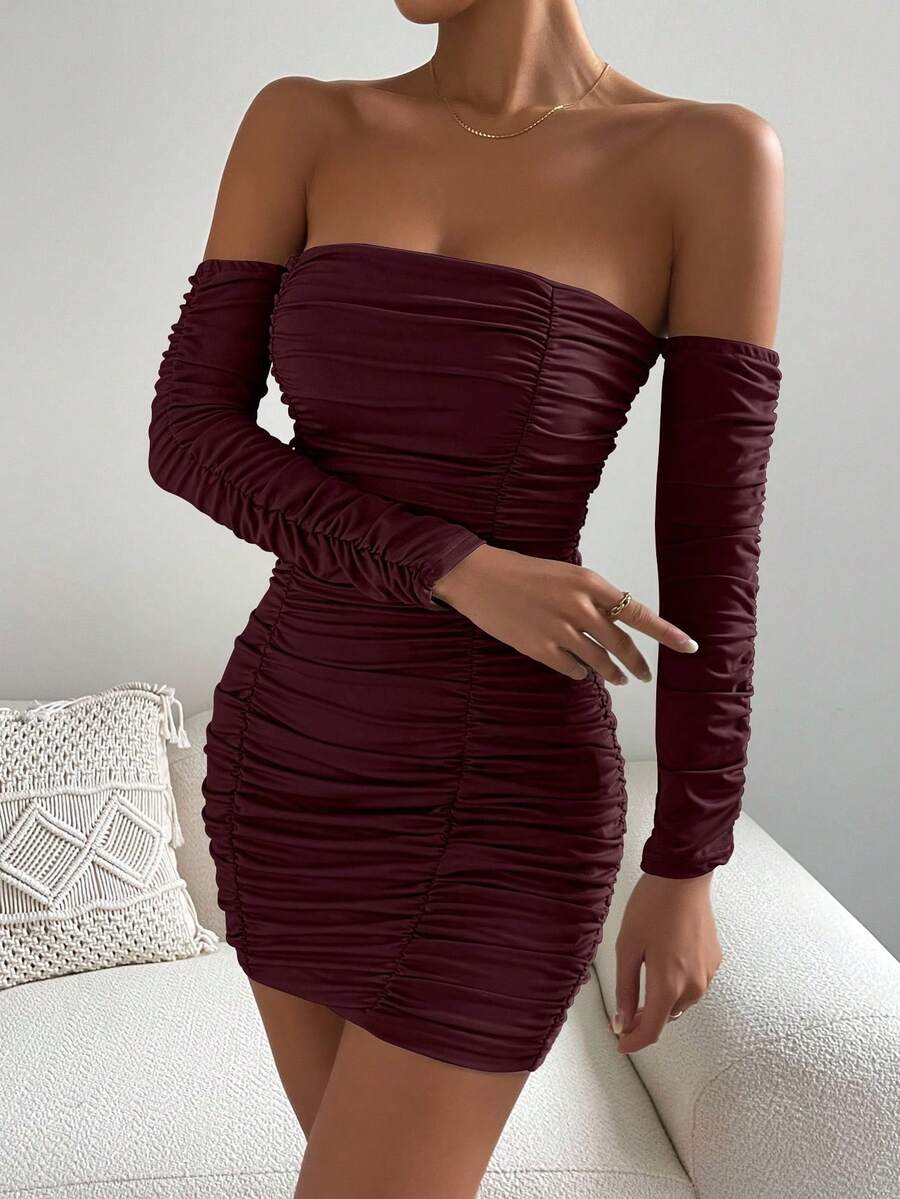 Chiquease Burgundy,Autumn,Bandage,Night Out Rosso Ancora Off The Shoulder Ruched Long Sleeve Mini Dress,Women Birthday Outfits,Concert Rave Festival Prom Party - Redwood - View 1