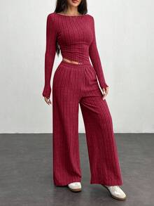 SHEIN PETITE 女款酒紅色秋季休閒居家兩件套，寬螺紋針織修身不對稱斜擺上衣與寬腿長褲，舒適服飾，適合嬌小女性 - 酒紅色 - 查看 5