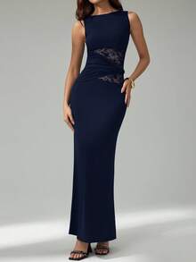SHEIN Tall Women's Black Elegant Lace Stitching Sincere Long Dress,Elegant Women Dresses,Party Women Outfits,New Years Women Dress,Black Women Dresses,New Years Women Outfit,New Year Party Dress Navy Blue Elegant Dress Cruise Dinner Dress Dark Blue Dress Bodycon Maxi Dress,Wedding Guest Dress Women - Navy Blue - View 6