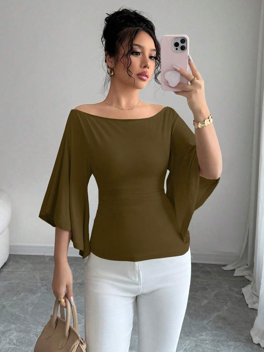 Elenzga Áo len dệt kim cổ thuyền tay loe ôm sát màu trơn dành cho nữ - Lạc đà - Xem 1