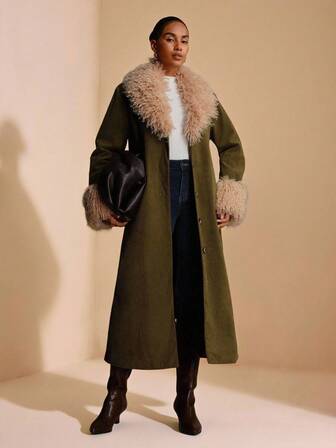 SHEIN Veneréa Lång vadderad vinterkappa i manchester i fuskpäls för kvinnor