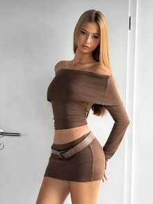 EgrlEra 1 Conjunto de Top de Hombros y Mini Falda, Conjunto Sexy de Dos Piezas - Marrón - Ver 4