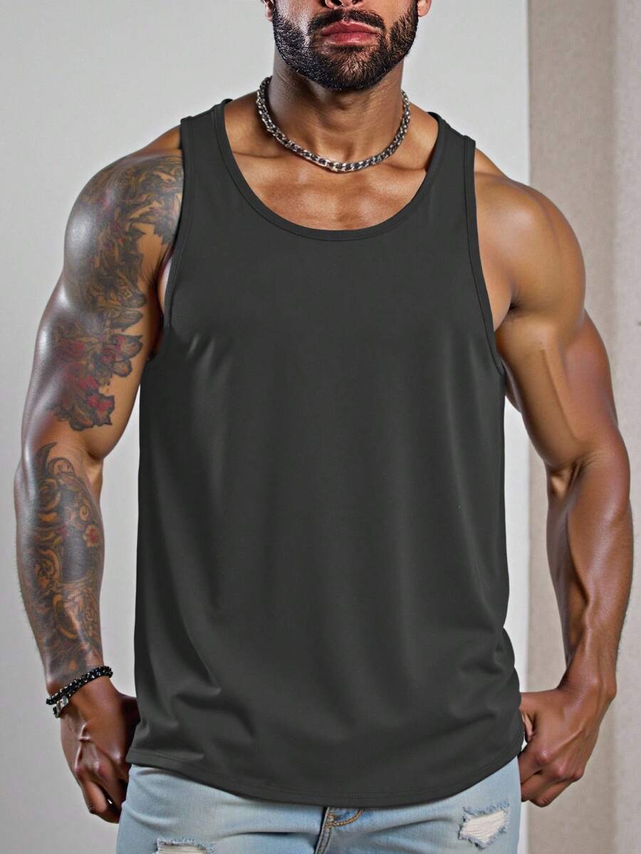 Manfinity Homme Plus Size Men's Solid Color Crew Neck Sleeveless Casual Tank Top - Dark Grey - View 1