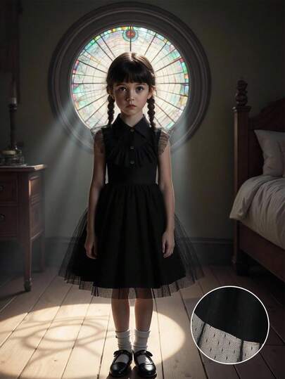 SHEIN Glamorique Kids Young Girl/ Young Girls' Black Lapel Mesh Dress, Dark Style Suitable For Halloween, Parties, And Daily Wear,Occasion Wear
