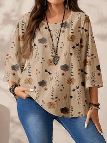 EMERY ROSE Áo sơ mi cổ tròn tay 3/4 in họa tiết hoa màu nước cỡ lớn, phù hợp cho mùa thu/đông - Nhiều màu - Xem 3