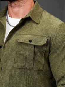 Manfinity CasualCool 男士街头风灯芯绒纽扣衬衫，长袖上衣 - 軍綠色 - 查看 7