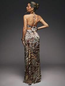 Hauture Sexy Mob Wife Party Front Cut Out Cross Over Halter Open Back Maxi Dress - Multicolor - View 2