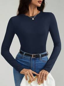 SHEIN Tall Women's All-Match Solid Color Long Sleeve Bodysuit, Versatile For Everyday Wear