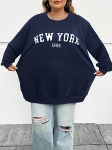SHEIN CURVE+ 秋冬大码休闲宽松纽约图案圆领长袖女式运动衫 - 藏蓝色 - 查看 3