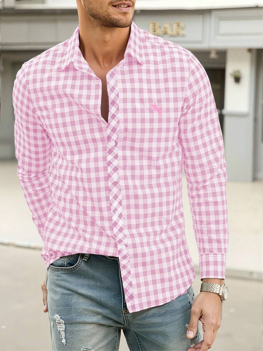 Manfinity Homme Men's Casual Plaid Print Long Sleeve Shirt, Spring/Autumn Men Gingham Shirt Men Casual Shirt Pink Gingham Shirt Men Fashion Shirt Men Button-Down Shirt, For Fall