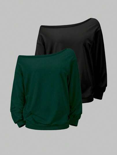 Flirla 2pcs Plus Size Asymmetrical Neck Sweatshirts, Loose Fit, Spring/Autumn Graduation,Back To School,Graduation,Teacher For Women,Back To School Pullover Fall Winter Sweatshirt