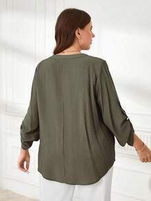 Miaspire Plus Size Women's Spring & Autumn Solid Color Notched Neck Roll Up Sleeve Casual Loose Blouse,Summer - Army Green - View 2