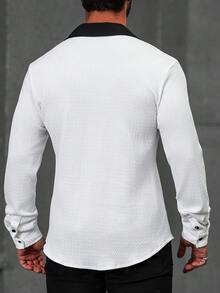 Manfinity CasualCool Men's Contrast Color Lapel Long Sleeve Single-Breasted Casual Shirt - Black and White - View 2