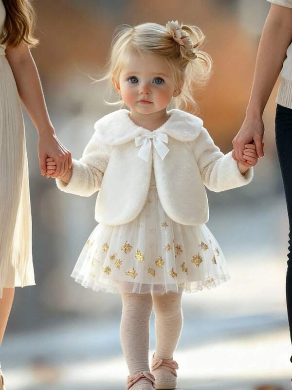 SHEIN Babygir Fashion Design, süßes und elegantes Damen-/Mädchen-Outfit, bezauberndes Baby-Mädchen, elegante und süße Kunstpelzjacke, weißer Plüsch-Umhangschal, weißer Damenschal, eleganter Plüschumhang, geeignet für drinnen und draußen im Herbst und Winter, warm und modisch, minimalistischer Stil, geeignet für drinnen, draußen, den Alltag, Sport, Spielen, Partys, Fotografieren, Urlaub und festliche Anlässe