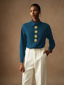 Vesra Women Blouses Button Shirt - Teal Blue - View 7