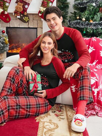 FamilyFrolics 2pcs Christmas Themed Graphic Print Couple Pajama Set, Includes Long Sleeve Top And Pants, Featuring Santa Hat Print, Christmas Gifts, Snowflakes, Celebration Fireworks, Family Party, Suitable For Loungewear Or Outerwear Fall Winter Clothes