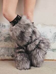 Sugerpunk 2025 New Mid-Calf Women Snow Boots, Cross Rivet Furry Boots, Slim & Warm For Christmas - Grey - View 9