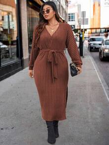 SHEIN LUNE Plus Split Thigh Belted Dress, For Thanksgiving Maxi Women Outfit - Chocolate Brown - View 6